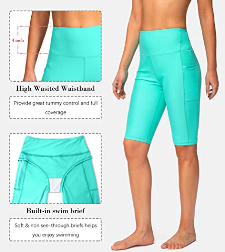 Image of SANTINY Women's High Waisted Swim Shorts with Pockets UPF50+ Long Board Swimming Shorts for Women with Liner