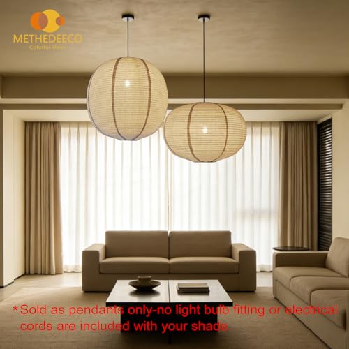 Image of METHEDEECO 2 Pack Pendant Lamp Shades, 16 Inch Linen Hanging Light Shades, Oval and Round Lantern Shade Covers, Beige Fabric Boho Japandi Minimalist Decor, Shades Only for Bedroom, Living Room (beige)