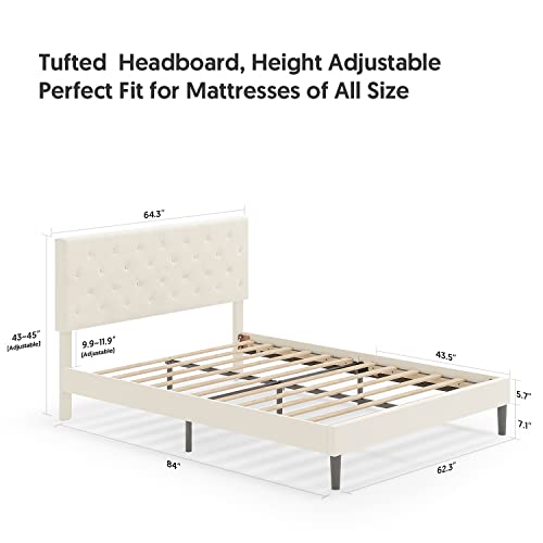 Bonsoir Queen Size Bed Frame Upholstered Low Profile Traditional Platform With Tufted Headboard/No Box Spring Needed/No Bed Skirt Needed/Soft Faux Velvet Upholstery/Ivory #TOP2