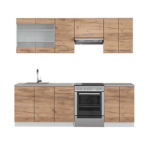 Vicco Küchenzeile Fame-Line, Goldkraft Eiche/Weiß, 240 cm ohne Arbeitsplatte