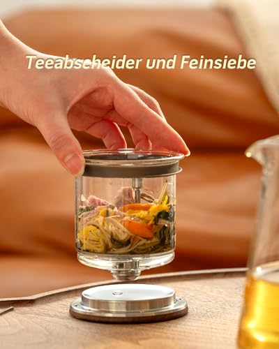 ZENS Magic Teekanne Glas mit Sieb, Teezubereiter für Losen Tee mit Magnet Sauger-Deckel, Tea Maker for Tee Zubereitung, Teapot Griff aus Walnussholz, Teeliebhaber Geschenke – Bild 4