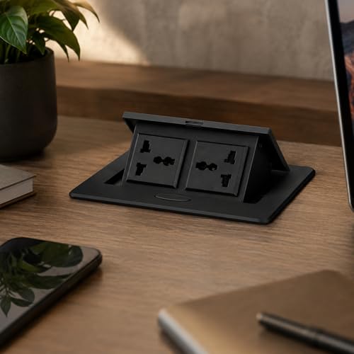 Image of COOLCOLD Hydraulic Cable Cubby Pop Up, with 2 Power Socket, Cable Manager Electrical Box | Flip-Top Hidden Desk Module for Office, Home & Conference Table | Space-Saving Flush Mount Design