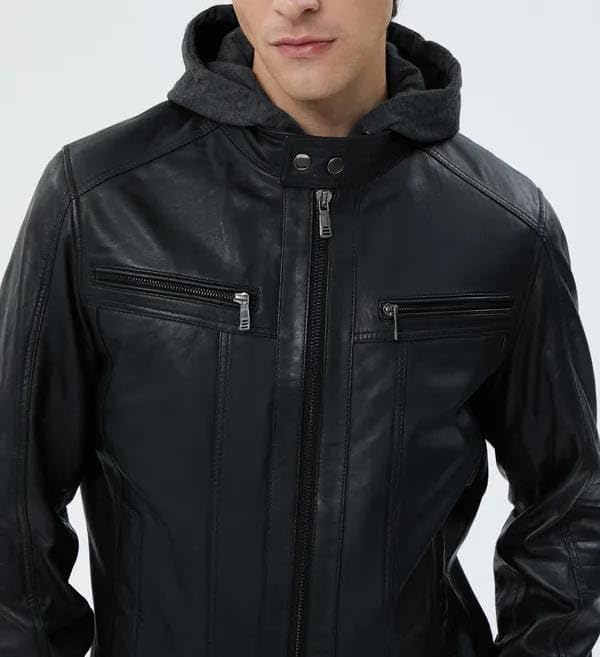 Men's Hooded Genuine Lambskin Leather Jackets Men - Motorcycle Leather Jacket With Removable Hood