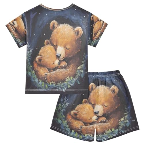 ALAZA Bear Sleeping Navy Blue Pajamas Set Short Sleeve Cotton Sleepwear Summer Pjs 2 Piece 5-14Y2