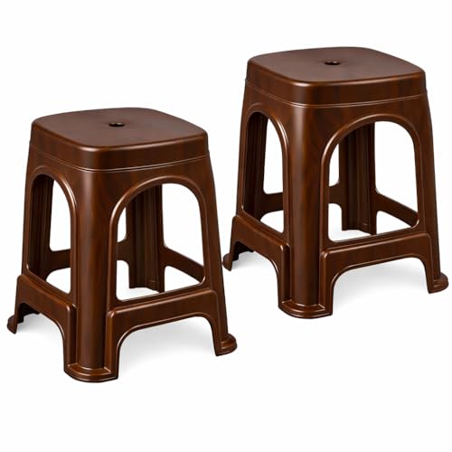 Image of PulGos Pack of 2 Brown Plastic Sitting Stool for Home, Office & Outdoor Use | Compact, Lightweight & Durable Stool for Adults & Kids | Use as Footrest, Side Table, Extra Seating for Living Room