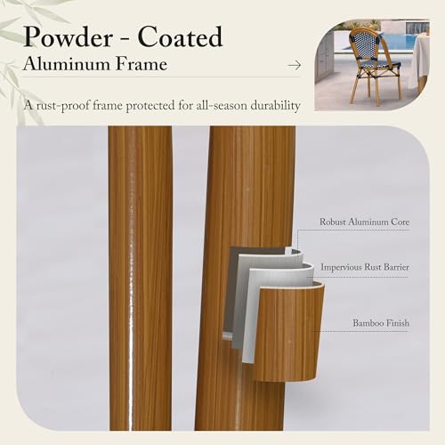 Image of PURPLE LEAF Patio Dining Chair Set of 4 Outdoor French Aluminium Frame in Bamboo Finish with Navy Blue & White Woven Rattan for Indoor Kitchen Deck Bistros Cafe