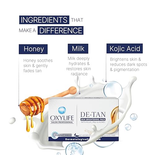 Image of Oxylife Salon Professional De-Tan Pack - 12g x 4 (48g) | 15-Min Tan Removal Cream | With Kojic Acid, Milk & Honey | Suitable for Men & Women | Dermatologically Tested | Sulphate & Paraben Free