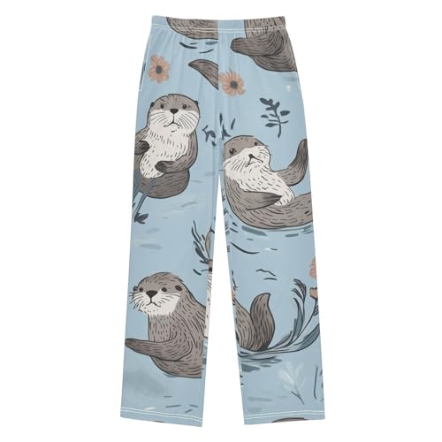 Lovely Otter Floral Boys Long Pants Soft Trousers Elastic Waist Kids Lounge Bottoms with Pockets S-XL