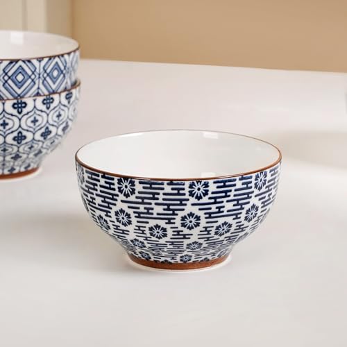 Image of Nestasia Ceramic Snack Bowls Set of 6 (350 ml Each) | Geometric & Floral Pattern Bowls for Serving Noodles, Ramen, or Soups | Microwave & Dishwasher Safe - Perfect for Gifting (Blue & White)