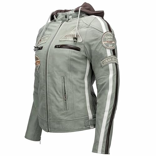 URBAN 5884 Motorradjacke Damen Mit Protektoren, Damenjacke aus Lammleder, Protektoren für Rücken, Schultern und Ellenbogen | Grau | M
