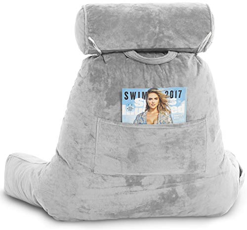 Husband Pillow - Light Grey, Big Backrest Reading Bed Rest Pillow with Arms, Plush Memory Foam Fill, Remove Neck Roll Off Bungee, Change Covers, Zipper On Shell of Bed Chair for Adjustable Loft