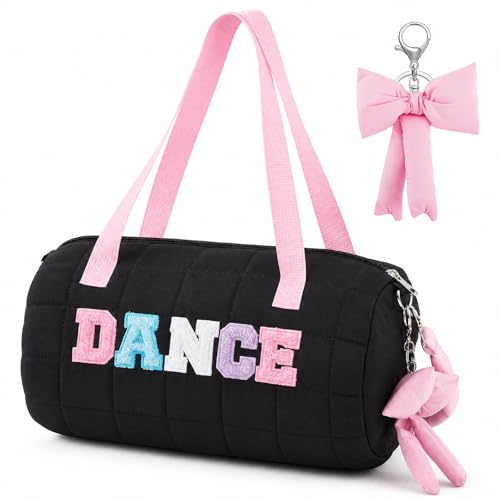 Image of 12.8 Inches Quilted Puffer Ballet Dance Bag Cute Tote Bag with Hanging Bow Pendant for Travel Dancing Dress