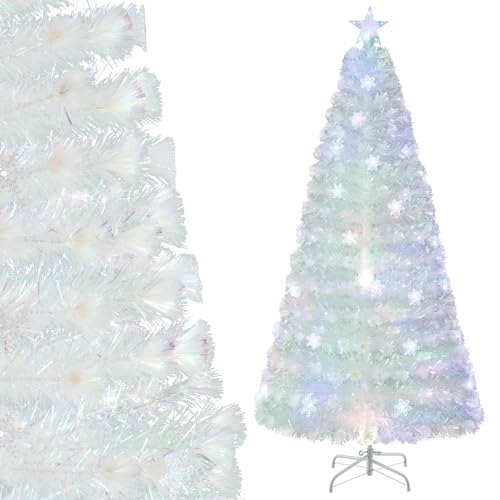 COSTWAY Albero di Natale Pre-illuminato in Fibra Ottica 120/150/180/210 cm, Albero di Natale Bianco con Foglie Iridescenti, Luci a LED a Fiocco di Neve Multicolore, Luce Superiore a Stella (210 CM)