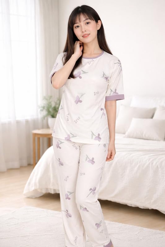Image of Women's Pajama Set with Top & Pants|| Korean Night Wear|| Loose Fit Home Wear || Lightweight Printed Set || Soft & Comfy Girls & Women