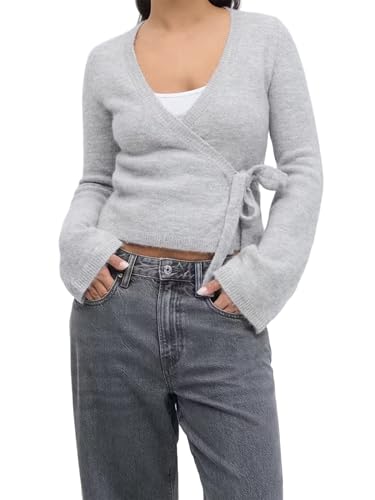 Y2K Strick-Cardigan für Damen, langärmelig, vorne zu binden, fester Strickpullover, Herbst-Outfit, grau