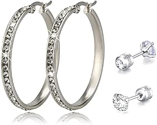 Brogtorl Earring Stud 2 Set Bling Double Row Diamond Gold Silver Hoop Earrings and Double Sided Diamond Style Stud Earrings Pack for Women Girls Wear Earrings Sets at Different Party
