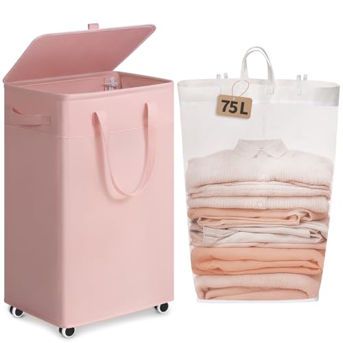 Goodpick 75L Rolling Laundry Basket with Wheels and Lid, Pink