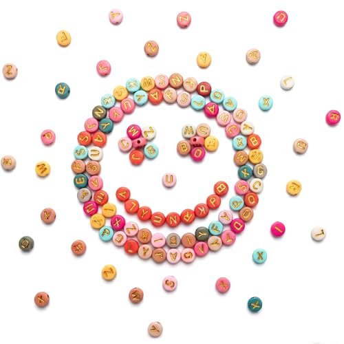 SUTOUG 1010PCS Colourful Letter Beads for Threading, 4 x 7 MM Acrylic Round Beads for Jewellery DIY Making Crafts Bracelets Necklaces Ornaments-Gold