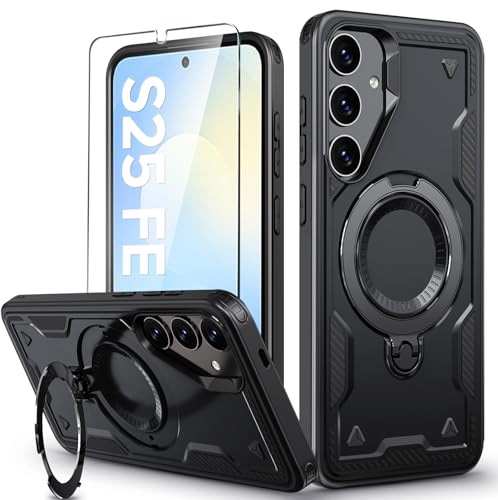Image of for Samsung Galaxy S25 FE Case Magnetic with Stand, with Mag-Safe, with Screen Protector, Wireless Charging, Shockproof for Samsung S25 FE 5G Phone Case, Ring Holder Phone Cover (Black)