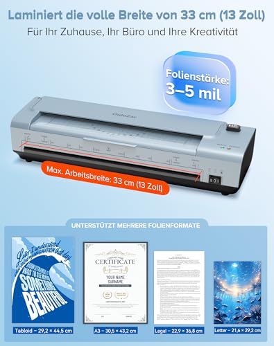 13 Zoll A3/A4 Laminiergerät mit 20 Laminierfolien, Heiß & Kalt Laminiergerät, ABS Anti-Stau, 10-in-1 Laminator mit Schneider, Trimmer & Eckenabrunder für Büro, Schule & Zuhause(Blau)