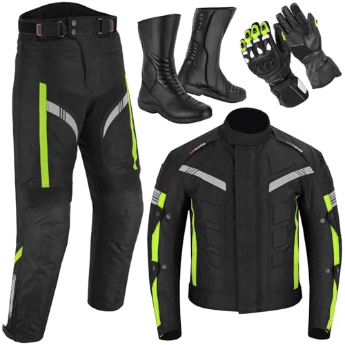 Vaster Moto 4-teiliges Motorrad-Kombi-Set für Herren Jacke Hose CE-Protektoren Touren-Rennschuhe und Handschuhe – Biker-Schutzausrüstung (DE/NL/SE/PL, Alphanumerisch, S, Regular, Regular, Grün)