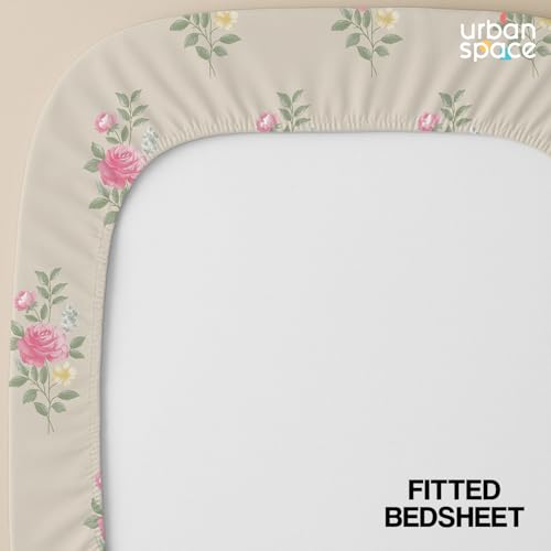 Image of Urban Space Serene 100% Cotton King Fitted Size Bedsheet, 200 TC Super Soft Elastic bedsheets for King Size Bed, Floral King bedsheet with 2 Pillow Covers (72 x 78 Inches, Vintage Rose Soft Brown)