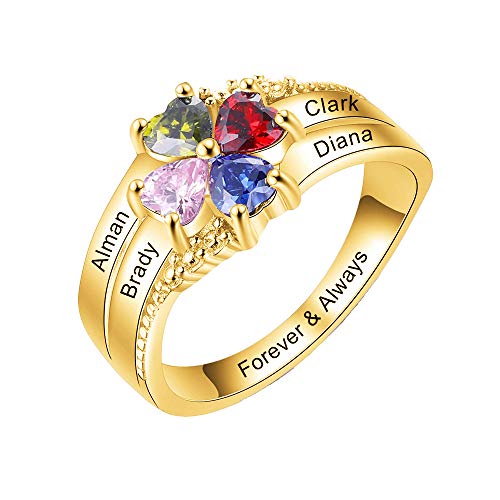 Personalized Family Ring Engraved 4 Name & Birthstone 925 Sterling Silver Women's Ring Customized Name Ring Christmas for Mom(Gold 5.5)