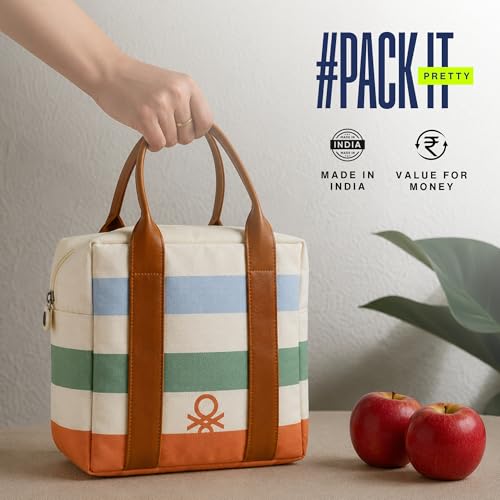 Image of United Colors of Benetton Lunch Bag Insulated for Office College School | Insulated lunch bag with bottle holder, multiple pockets, durable handles, lightweight design, suitable for women and men