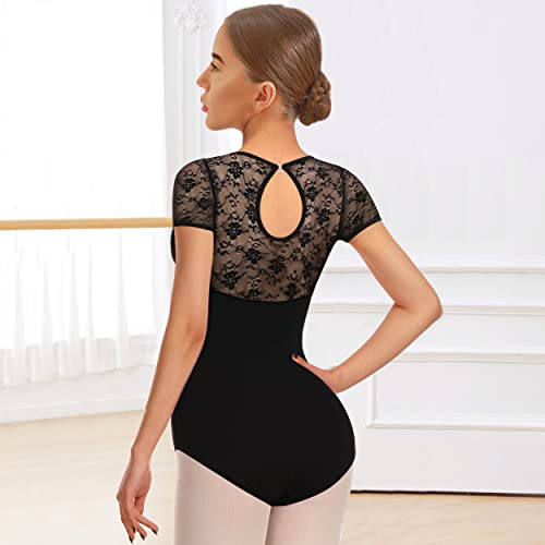 DANSHOW Damen Ballett Tanztrikot mit Spitze,kurzärmelig,Tanzbekleidung mit hohlem Rücken Ballett Trikot(7037-06-M)