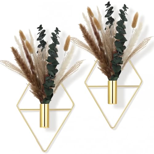 Jexine 4 Pcs Hanging Planters with Artificial Pampas Grass Metal Hanging Vase Indoor Plants Holder Modern Geometric Boho Bathroom Wall Decor for Living Room Home Office (Gloden)