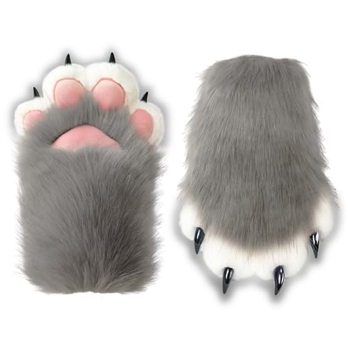 NexinEstic Therian Paws - pernas peludas confortáveis de pele sintética, equipamento Therian Stuff Therian, luvas de pata de gato com garras para cosplay, cinzento, tamanho universal, cinzento