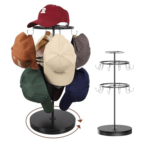 Keebofly Rotating Free Standing Hat Rack & Organizer Stand 3-Tier Merchandise Display & Tabletop Baseball Cap Organizer Holds 40+ Caps Portable for Vendor & Home Use in Bedroom Closet Entryway