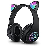 Sendowtek Wireless Headphones for Kids Adults, Over Ear Cute Cat Ear Earphone with Flashing Lights Built-in Mic Cute Headphones for Kids Boys Girls(Black)