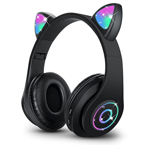 Sendowtek Wireless Headphones for Kids Adults Over Ear Cute Cat Ear Earphone with Flashing Lights Foldable Headphone Built-in Mic Cute Headphones for Kids Girls Boys (Black)