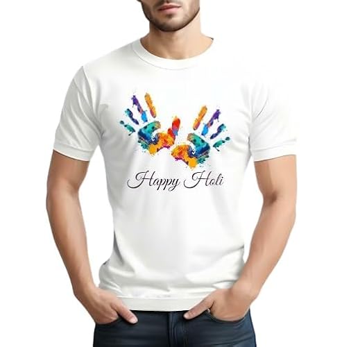 RANI PARI Printed Holi T-Shirt Round Neck & Half Sleeve White T-Shirt for Couple/Men/Women | Holi Couple T-Shirts (Pack of 1)