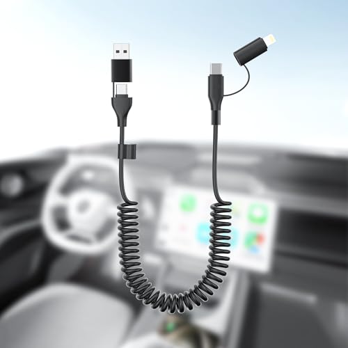 Coiled Carplay 4-in-1 USBA/Type C to USB-C/Lightning Cable Multi Combo for Apple Carplay&amp; Android Auto,60W Fast Charge&amp;Data Sync Car Charger Cord for iPhone 15/14/13/12,Samsung,Android-Black