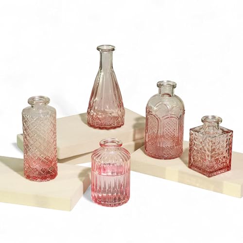 Image of Art Street Decorative Set of 5 Crystal Clear Bud Vase, Transparent Flower Glass Vase for Home Decor, Flower Pot, Wedding Decoration, Living Room, Bedroom and Office Decor(Color-Pink)