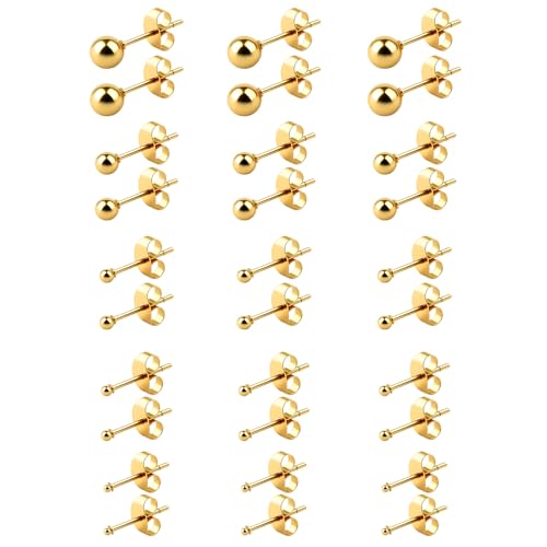 15 Pairs Gold Stud Earrings, Surgical Steel Ball Stud Earrings Set, 2-6mm Sizes, Gold Ball Earring, Stianless Steel Balls Studs for Women Men