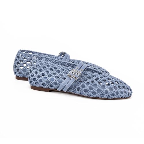 Image of Women's Woven Mary Jane Flats - Mesh Ballet Flats with Adjustable Double Metal Buckle Strap and Round Toe