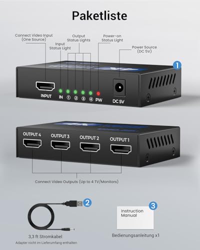 4K HDMI Splitter 1 In 4 Out Mit EDID HDCP HDR 3D, 4K HDMI Verteiler Für PC, Laptop, HDTV, Projektor, 4-Port Hdmi Mehrfachstecker Kopiert 1 Quelle Zu 4 Anzeigen Gleichzeitig