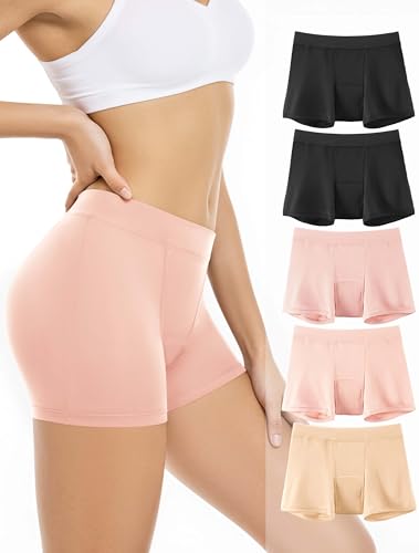TIICHOO Womens Incontinence Underwear Boxers Washable Leakproof Postpartum Underwear 5 Pack (Large, 2 Black/2 Rose Gold/1 Beige)