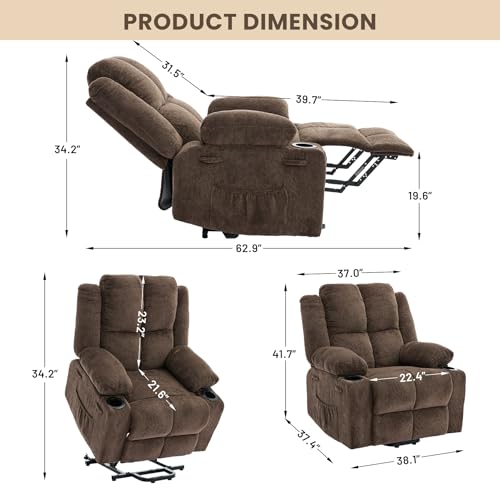 Image of Oversized Power Lift Recliner Chair for Elderly, 135 Lay Flat Electric Recliner with Massage & Heat, Stand Assist Lift Chair with 2 Cup Holders for Living Room,Brown