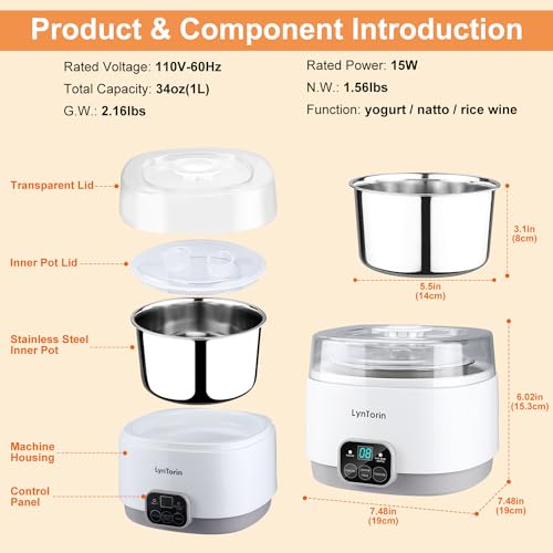 LynTorin Yogurt Maker, Multi Function Automatic Yogurt Maker Machine with Constant Temperature Control & Timer, 34oz Digital Yogurt Makers with Stainless Steel Inner Pot, Natto Maker Rice Wine Maker