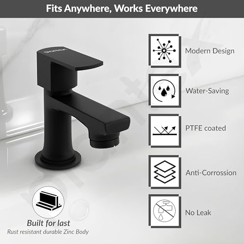 Image of Plantex Pillar Tap for Wash Basin with Water Saving Aerator and Brass Spindle /Quarter Turn Basin Tap with Teflon Tape /Pillar Cocke for Wash Basin - Pack of 1 (Saga, Black)