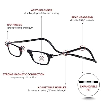 Clic Magnetic Reading Glasses - Adjustable Neck Hanging Readers - Secure Fit with Rigid Headband - Original Expandable (M-XL, Black, 1.75 Magnification)