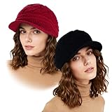 Lystaii 2 Pack Womens Winter Beanie Hats Warm Thick Knitted Caps with Brim for Winter Cold Weather (US, Alpha, One Size, Black and Burgundy)