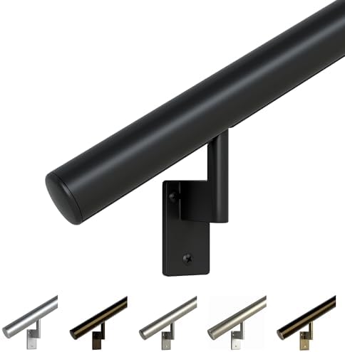Promenaid Satin Black 7ft Flush Handrail Kit - Indoor/Outdoor Stair Handrail - Modern 1.6" Round Satin-Anodized Aluminum Railing with 3 Satin Black Painted Pivoting Wall Brackets & Flush Endcaps