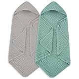 Picture of MIGIOL Muslin Hooded Baby Towels 100% Cotton ，Super Soft Muslin Baby Bath Towel - 32 x 32 Inches, Suitable for Newborn and Young Children up to 3 Years Old. (Grey & Green)