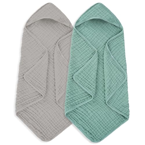 Image of MIGIOL Muslin Hooded Baby Towels 100% Cotton ，Super Soft Muslin Baby Bath Towel - 32 x 32 Inches, Suitable for Newborn and Young Children up to 3 Years Old. (Grey & Green)