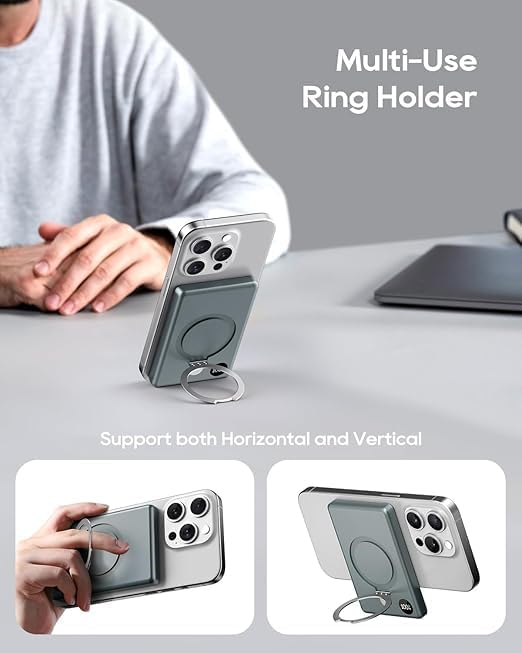 Kuulaa power bank attached to an iPhone, with the ring holder extended to act as a stand, showing both horizontal and vertical viewing angles.